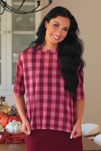 PREORDER- Emma Mesh Tee- Cranberry Gingham