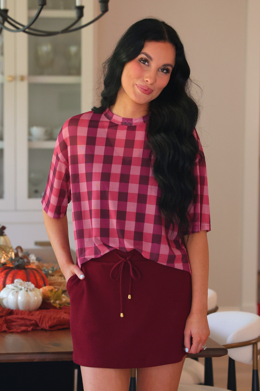 PREORDER- Emma Mesh Tee- Cranberry Gingham