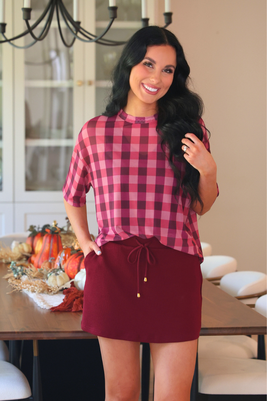 PREORDER- Emma Mesh Tee- Cranberry Gingham