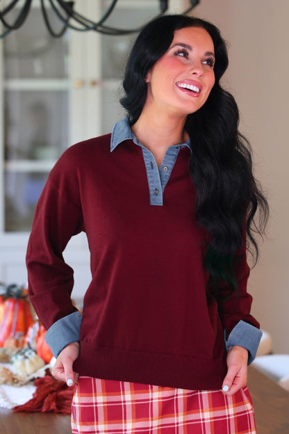 PREORDER- Denim Trim Knit Sweater- Burgundy