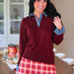 PREORDER- Denim Trim Knit Sweater- Burgundy