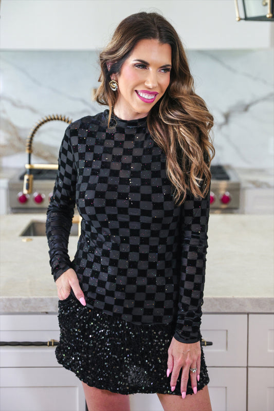 PREORDER- Times Square Velvet Mesh Top- Black Checkered