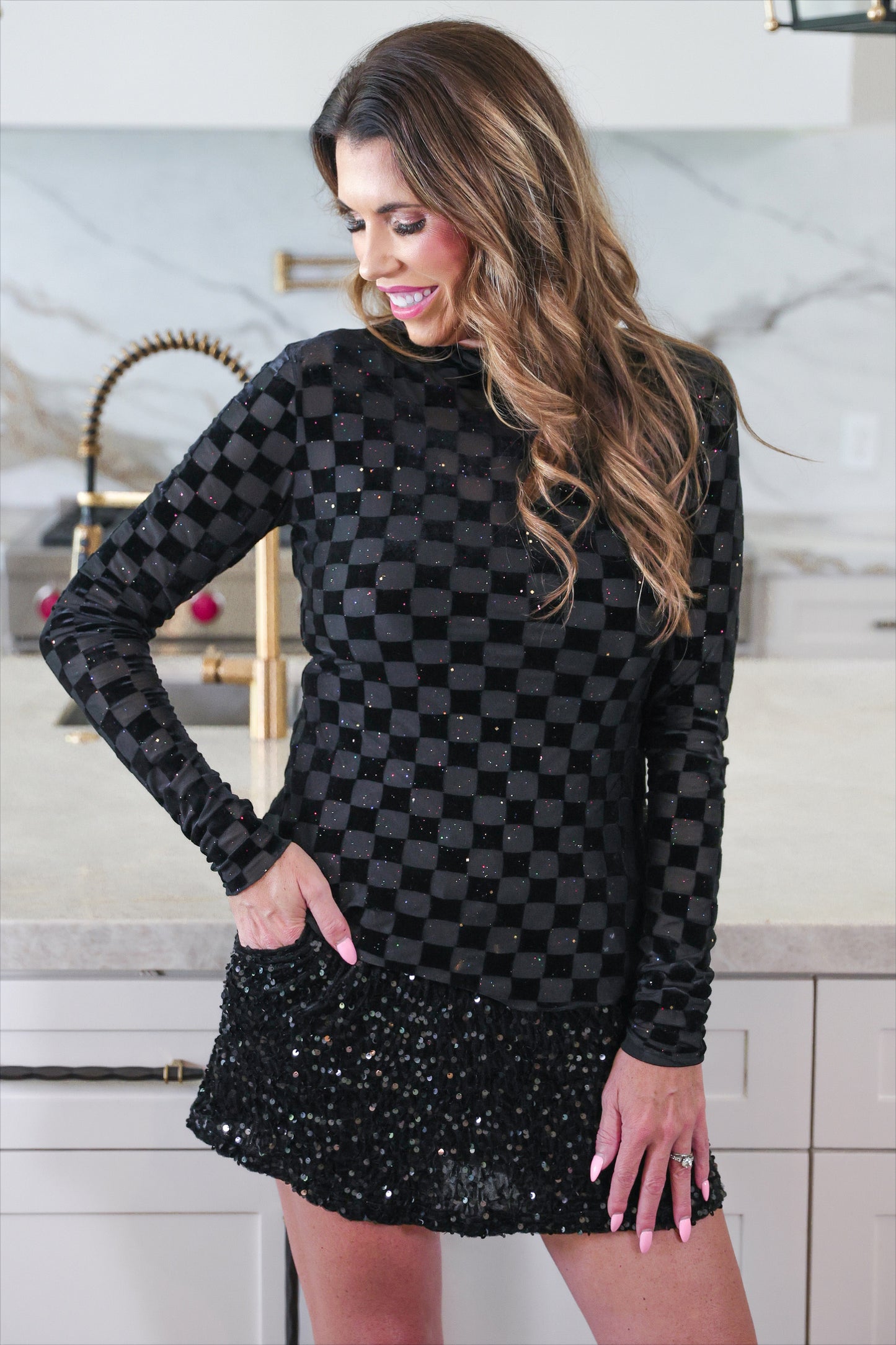 PREORDER- Times Square Velvet Mesh Top- Black Checkered