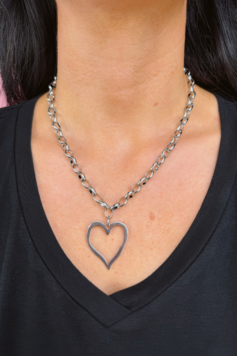Open Heart Chain Necklace- Silver