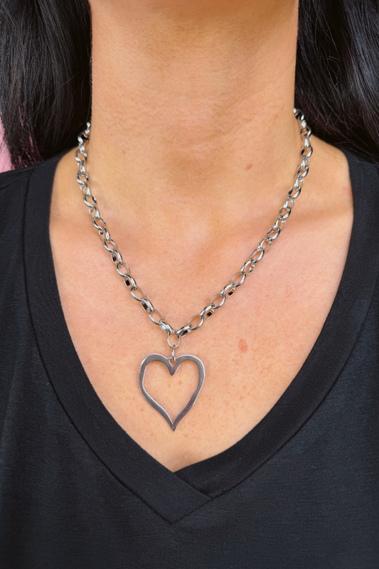 Open Heart Chain Necklace- Silver