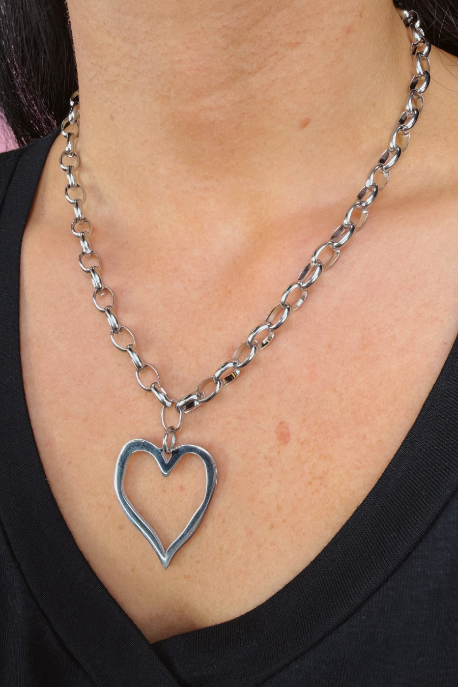 Open Heart Chain Necklace- Silver