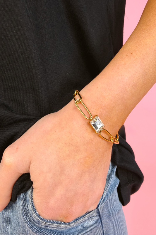 Paperclip Chain Bracelet- Gold/Crystal