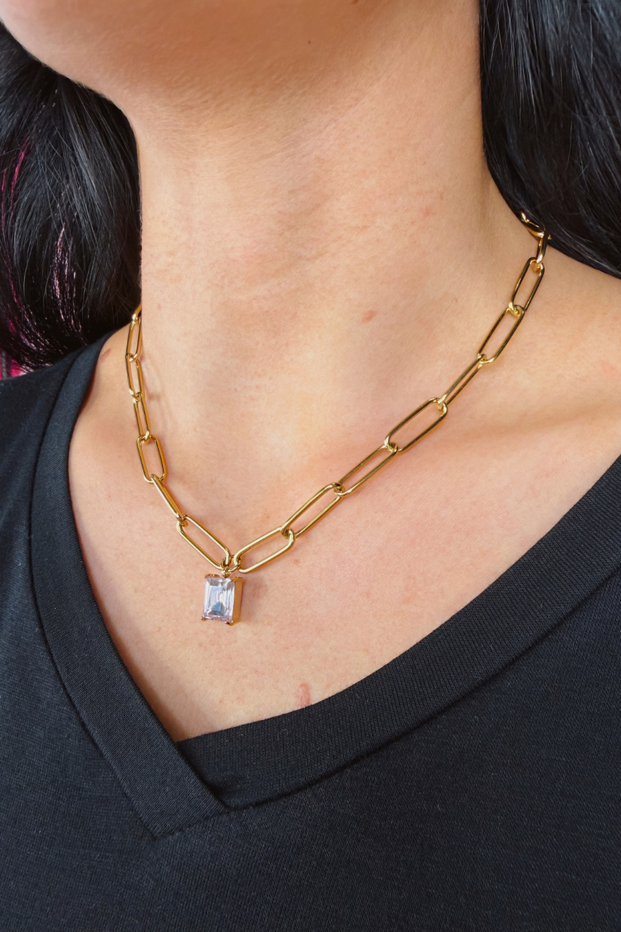 Paperclip Chain Necklace- Gold/Pink