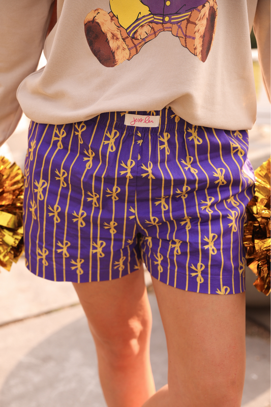 PREORDER- Bows And Goals Boxer Shorts- Purple/Yellow