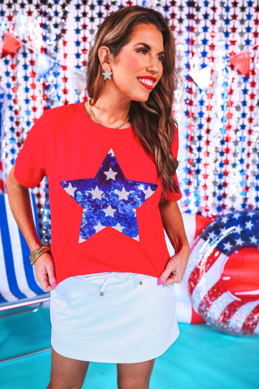 Stars And Sparklers Sequin Top, Red