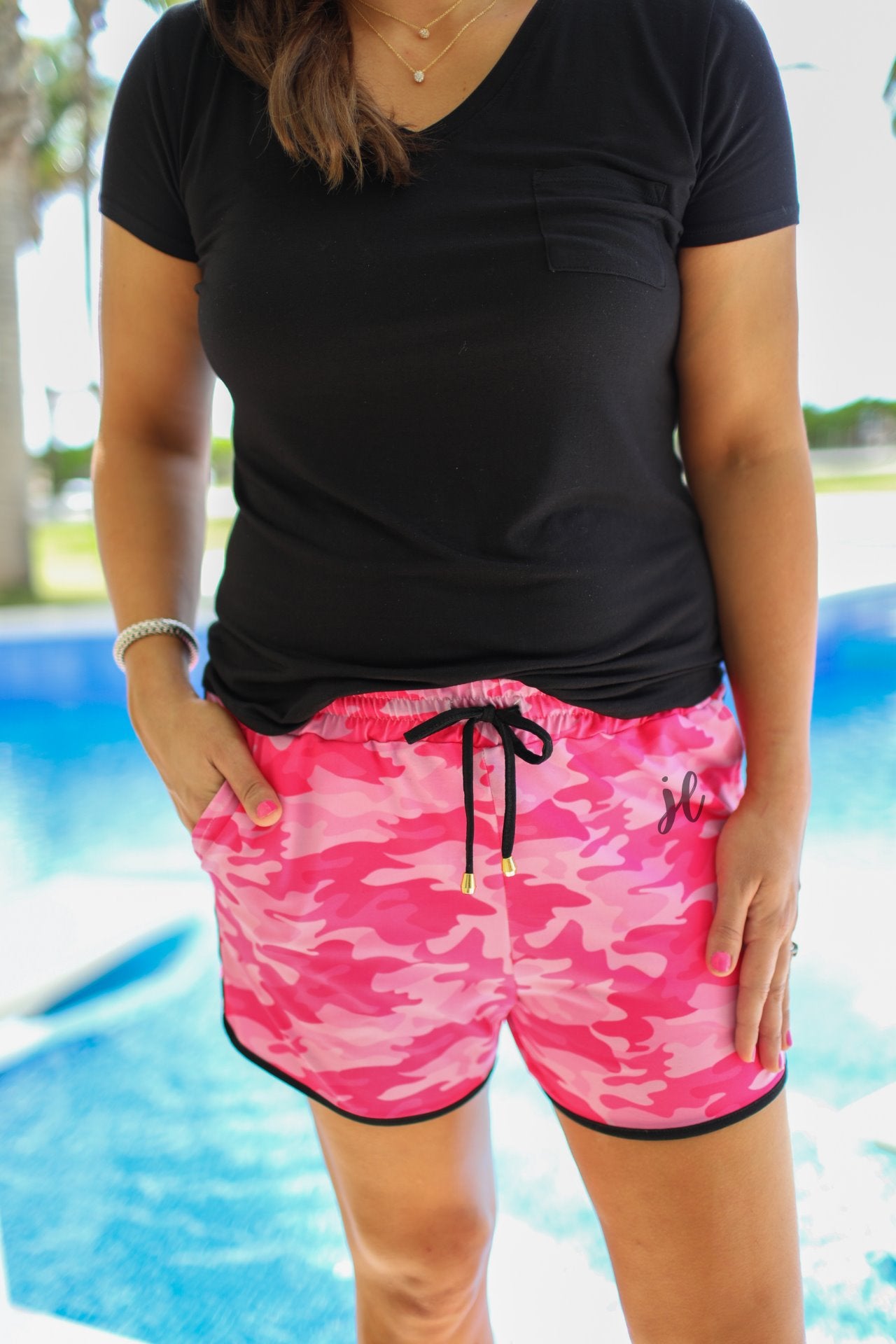 On The Hunt Pink Camo Drawstring Everyday Shorts